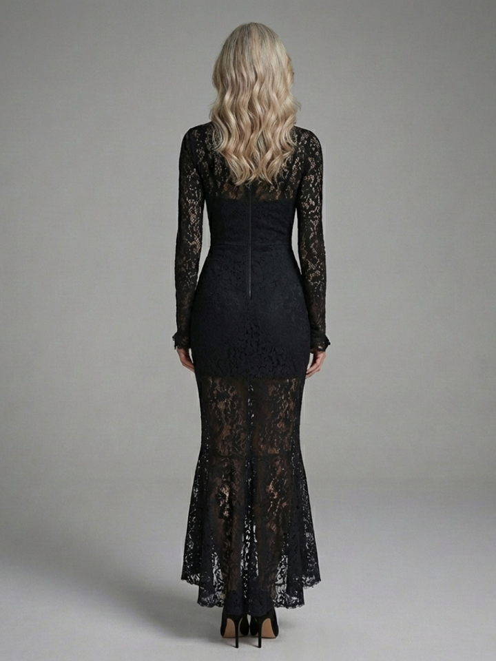 Margaret | Long Sleeve High Neck Lace Midi Dress