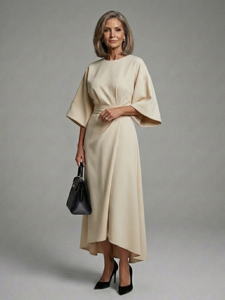 Sereia | Waist Defined Cape Sleeve Asymmetric Midi Dress