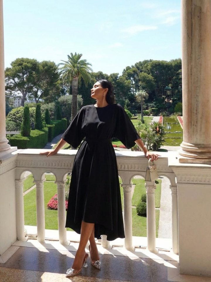 Sereia | Waist Defined Cape Sleeve Asymmetric Midi Dress