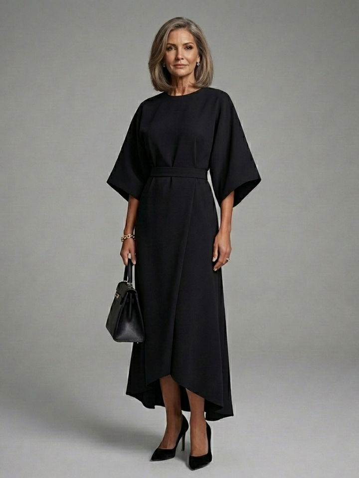 Sereia | Waist Defined Cape Sleeve Asymmetric Midi Dress