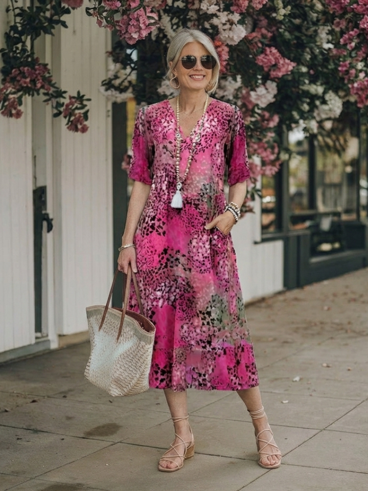 Althea | Short Sleeve V-Neck Printed Midi Dress