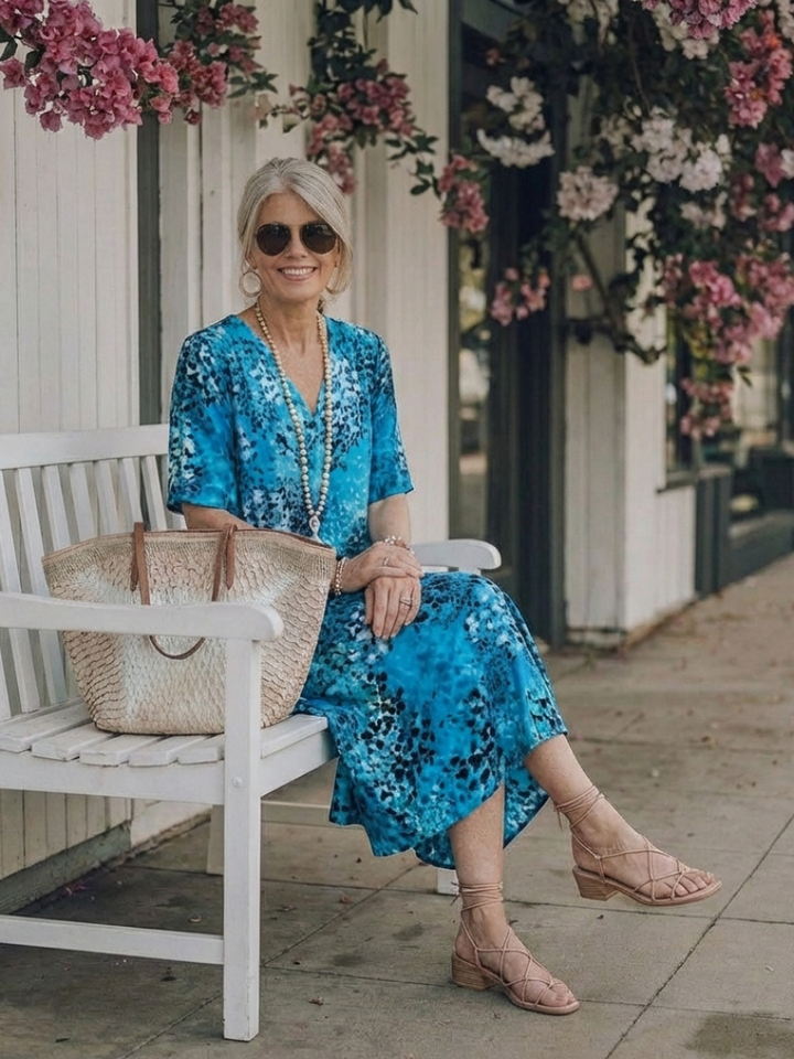 Althea | Short Sleeve V-Neck Printed Midi Dress