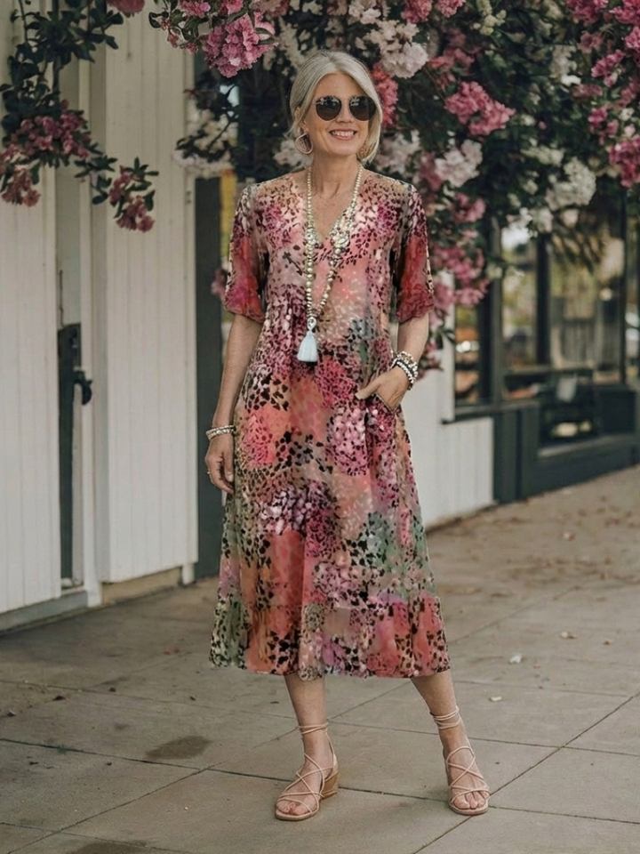 Althea | Short Sleeve V-Neck Printed Midi Dress