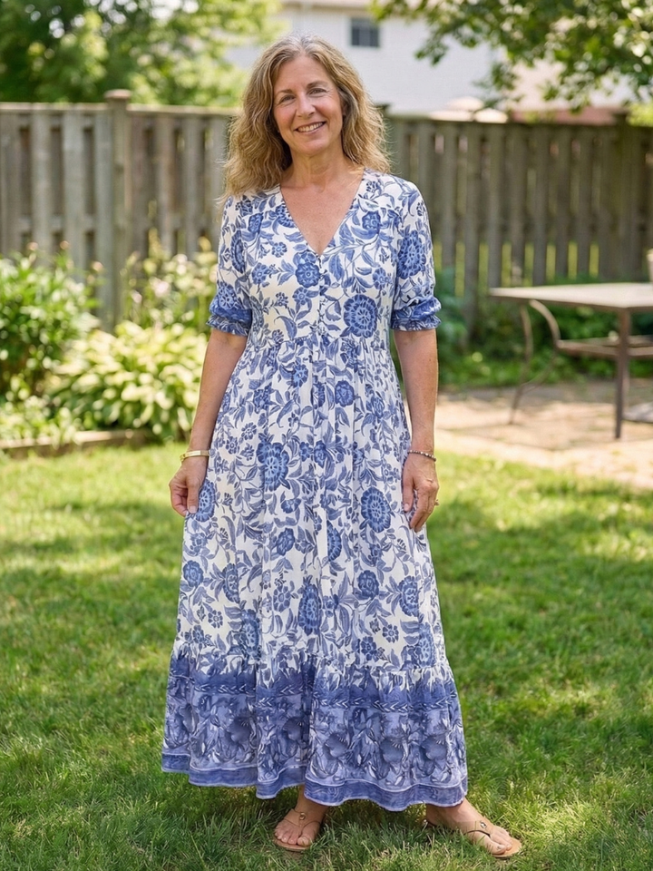 Calandra | Short Sleeve V-Neck Floral Midi Dress