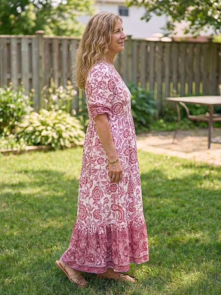 Calandra | Short Sleeve V-Neck Floral Midi Dress
