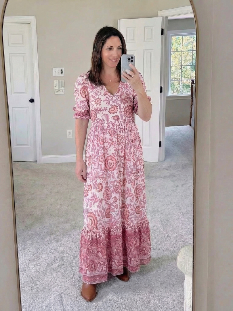 Calandra | Short Sleeve V-Neck Floral Midi Dress
