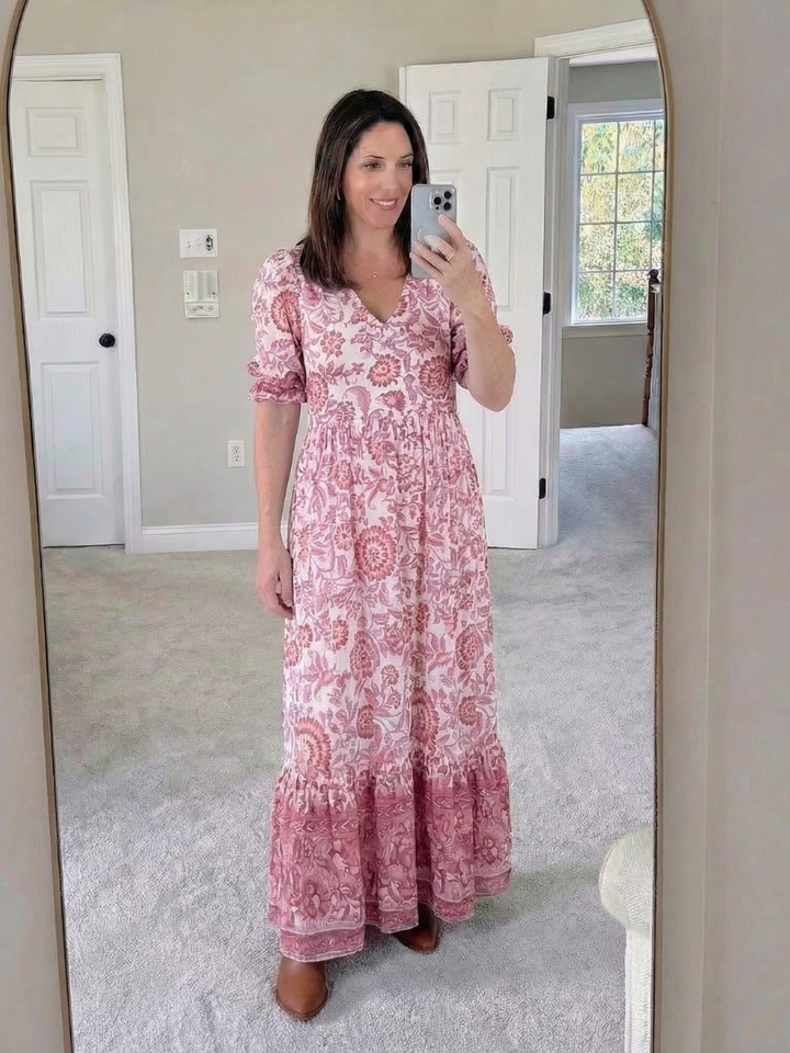 Calandra | Short Sleeve V-Neck Floral Midi Dress