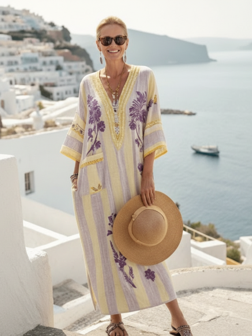 Aurelia | V-Neck Half Sleeve Striped Floral Maxi Dress