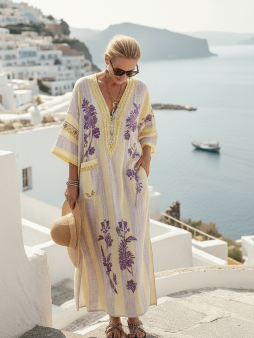 Aurelia | V-Neck Half Sleeve Striped Floral Maxi Dress