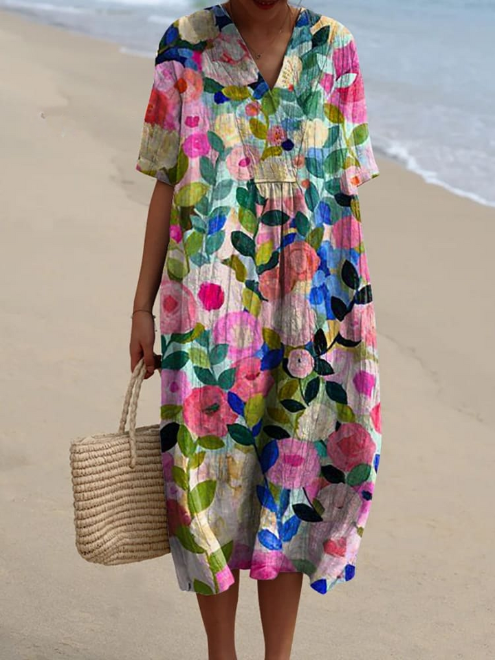 Margaret | Vibrant Floral Garden Print Flowy Dress