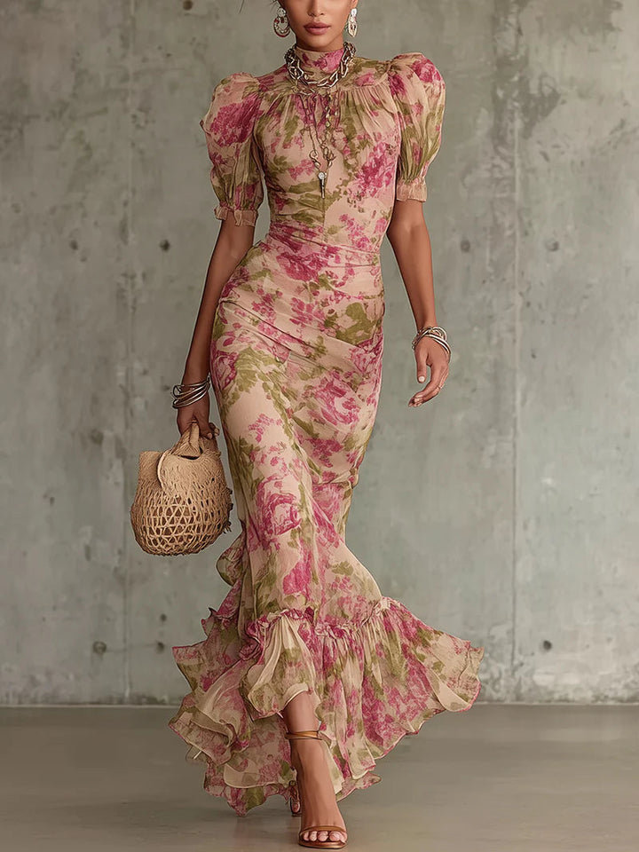 Mae | Vintage Rose Print Puff Sleeve Maxi Dress
