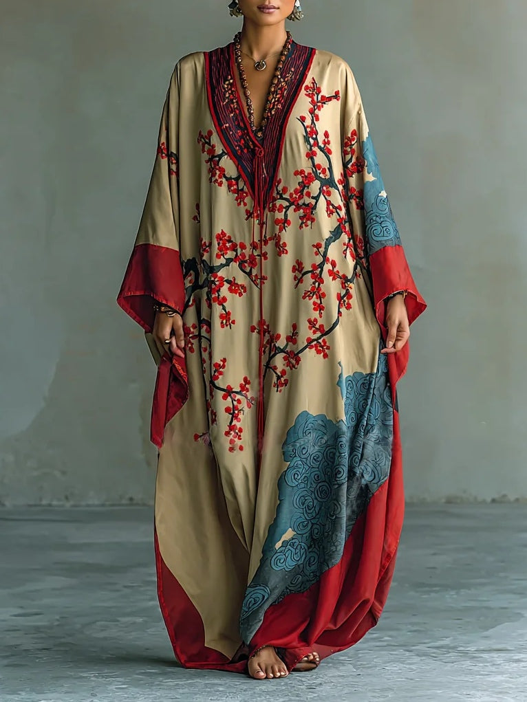 Japanese Red Plum Blossom Maxi Dress