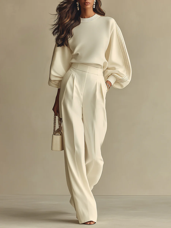 Isa | Ivory Crew Neck Top And High-waisted Wide-leg Pants Set