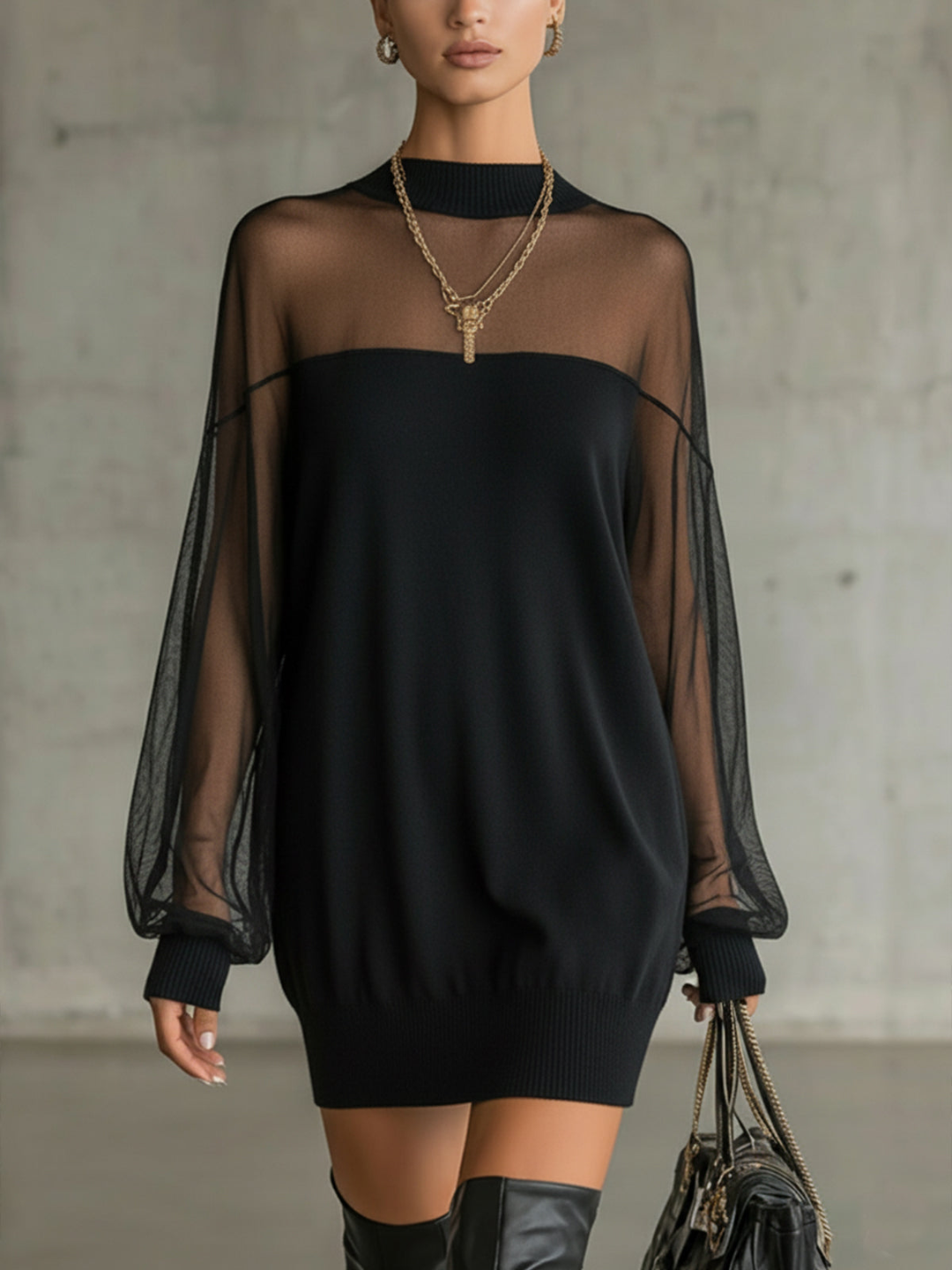 Daisy | Black Mesh Sleeve High‐Neck Midi Dress
