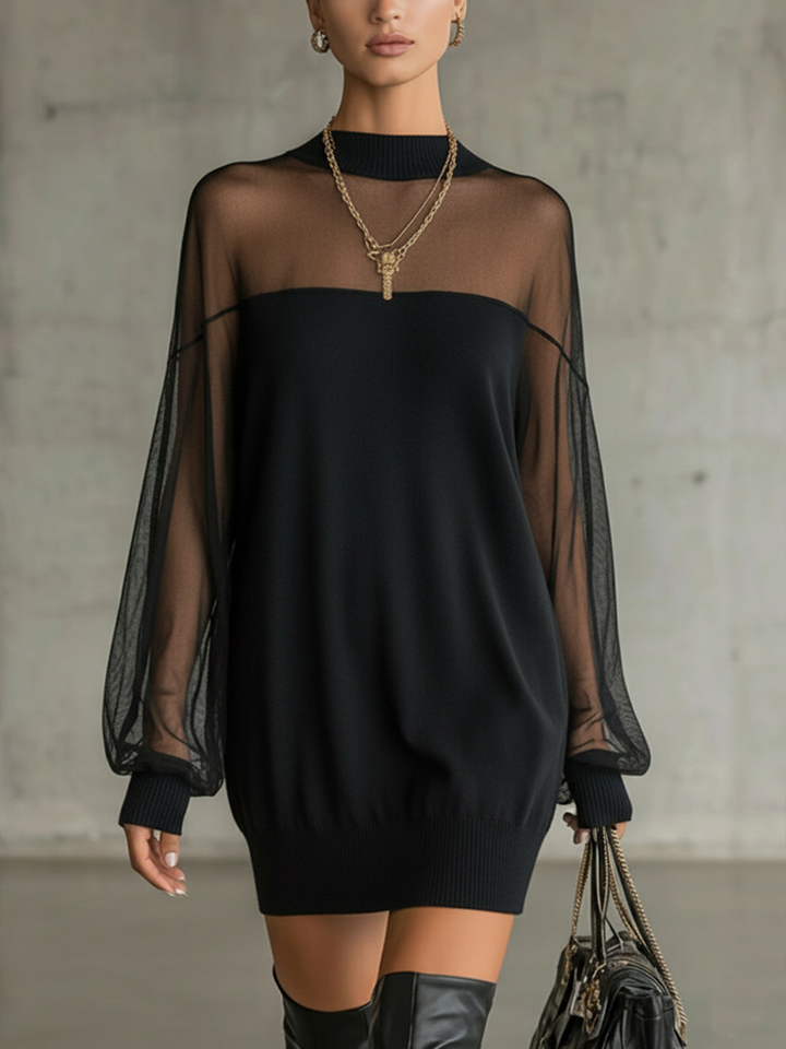 Daisy | Black Mesh Sleeve High‐Neck Midi Dress