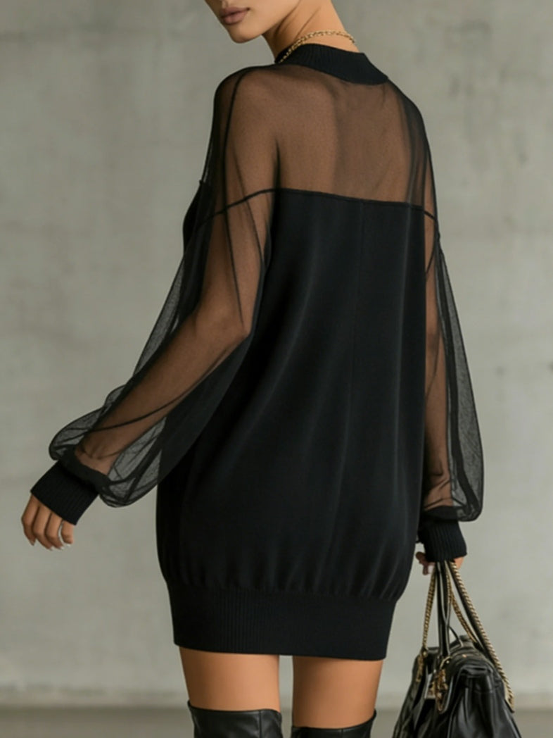 Daisy | Black Mesh Sleeve High‐Neck Midi Dress