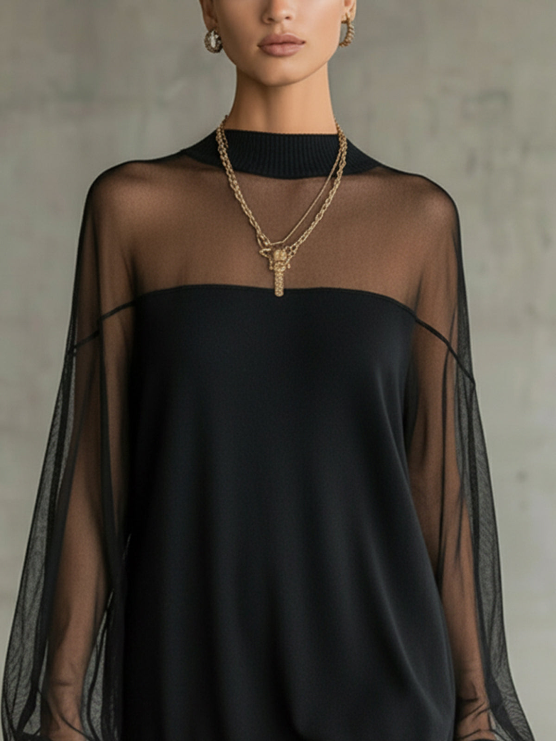 Daisy | Black Mesh Sleeve High‐Neck Midi Dress
