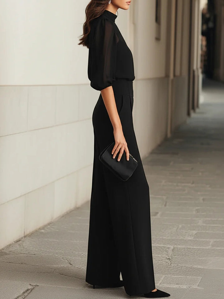 Valentina | Three-Piece Black Set, Comprising a Sheer Camisole Top and Wide-Leg Pants