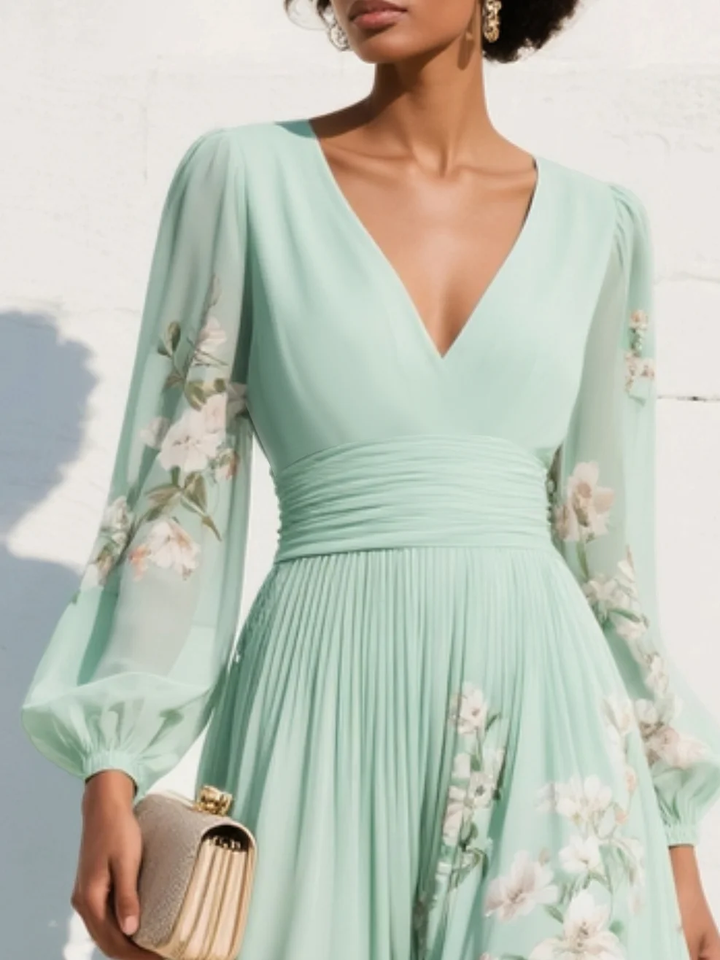 Emma | Mint Green Floral Pleated Maxi Dress