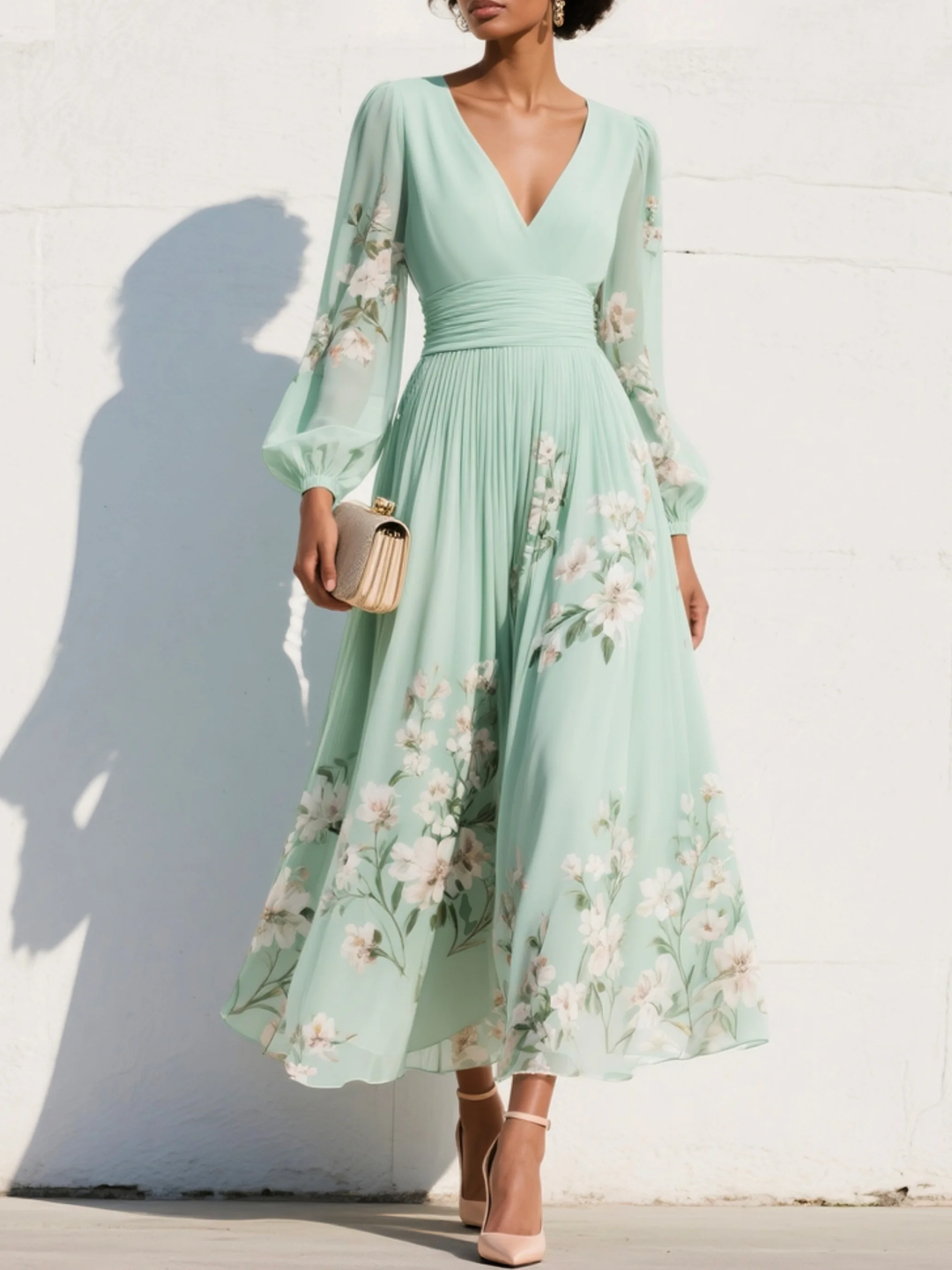Emma | Mint Green Floral Pleated Maxi Dress
