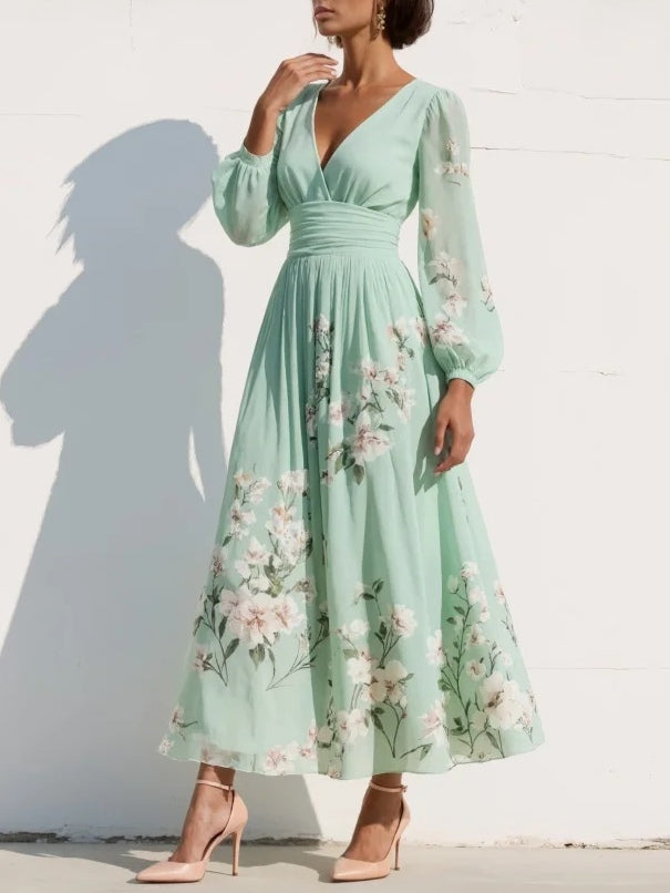 Emma | Mint Green Floral Pleated Maxi Dress