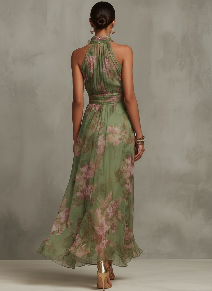 Ruth | Green Floral Halter Chiffon Maxi Dress