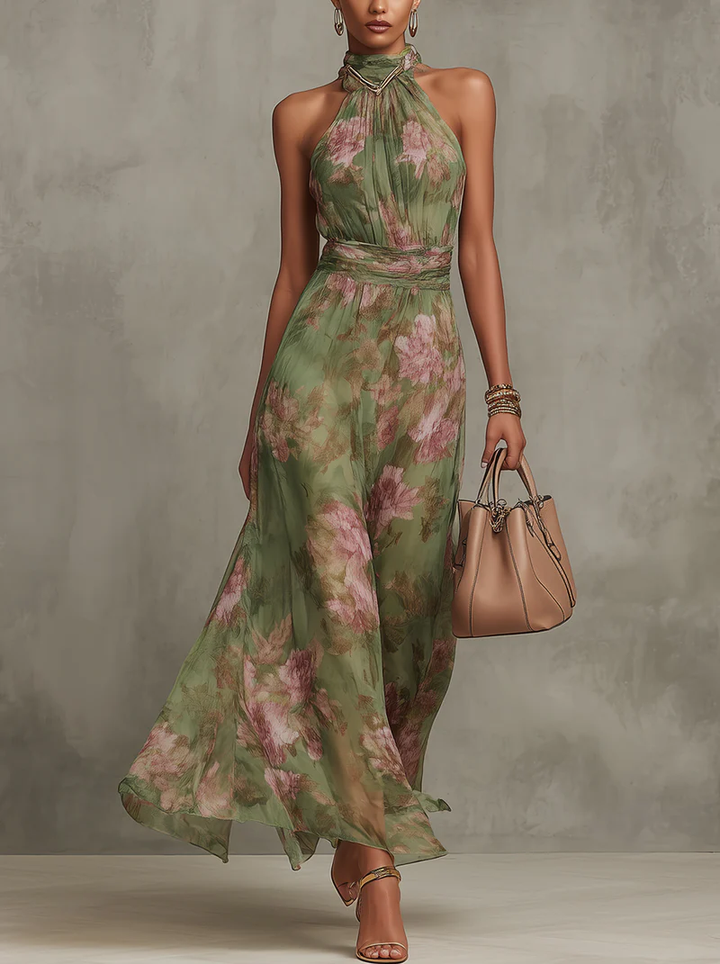 Ruth | Green Floral Halter Chiffon Maxi Dress