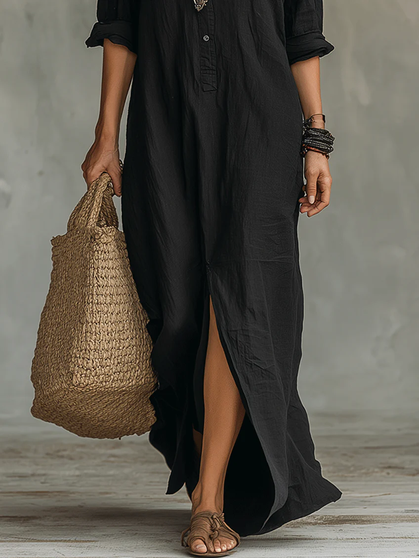 Soline | Loose Black Maxi Dress with Buttons