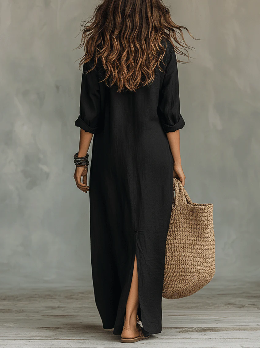 Soline | Loose Black Maxi Dress with Buttons