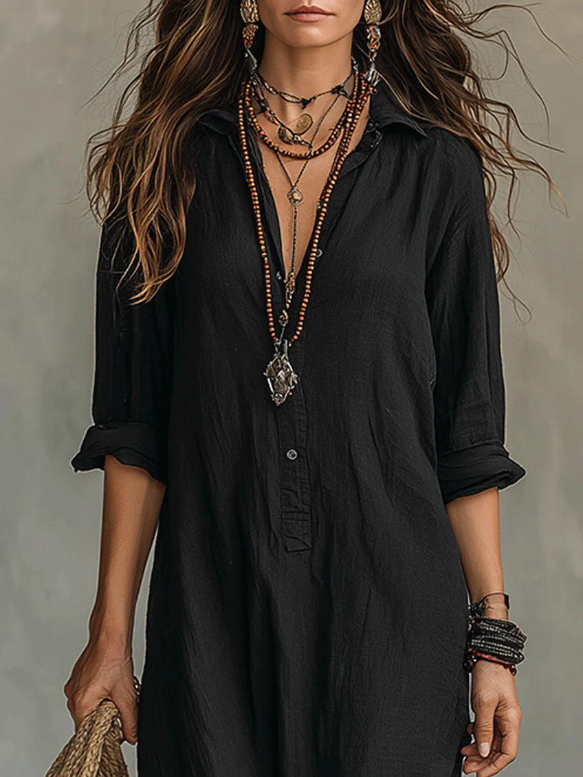 Soline | Loose Black Maxi Dress with Buttons