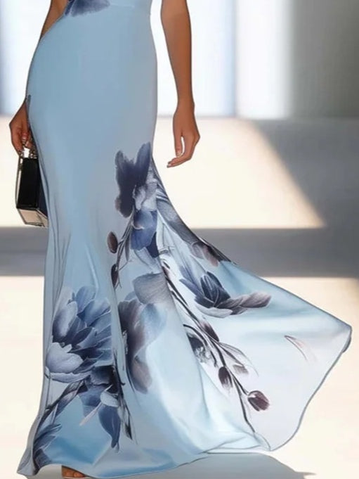 Victoria | Satin Ink Print Off-Shoulder Maxi Dress