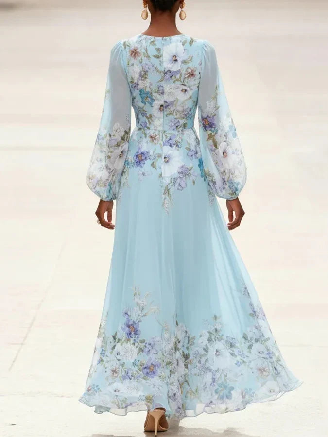 Mia | Light Blue Floral Chiffon V-Neck Maxi Dress