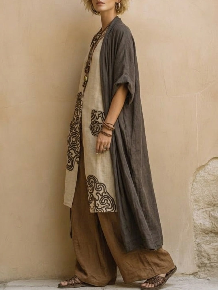 Sophie | Dark Grey &amp; Brown Tribal Print Three-Piece Set