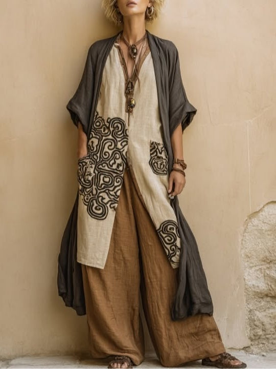 Sophie | Dark Grey &amp; Brown Tribal Print Three-Piece Set