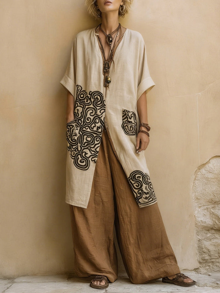 Sophie | Dark Grey &amp; Brown Tribal Print Three-Piece Set