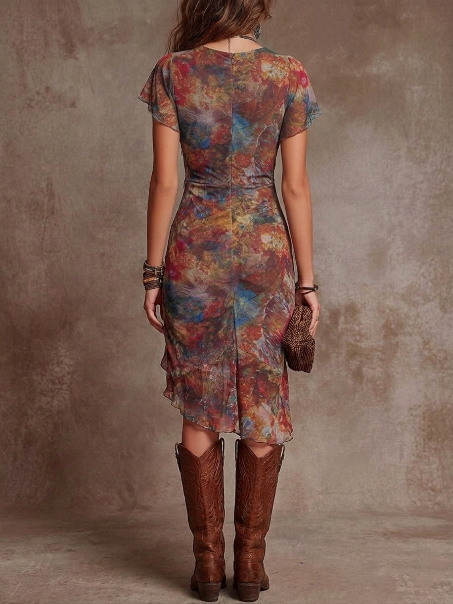 Joan | Bohemian Abstract V-Neck Pleated Midi Dress