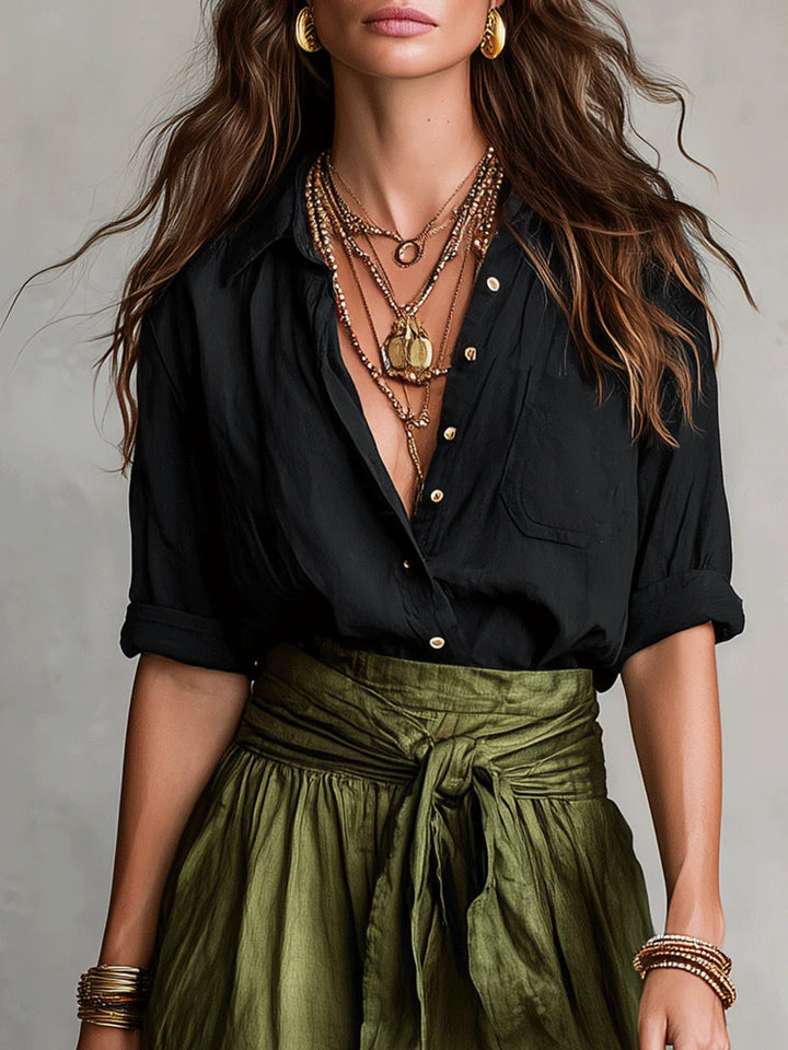 River | Two-Piece Set: Black Top and Olive Green Midi Skirt