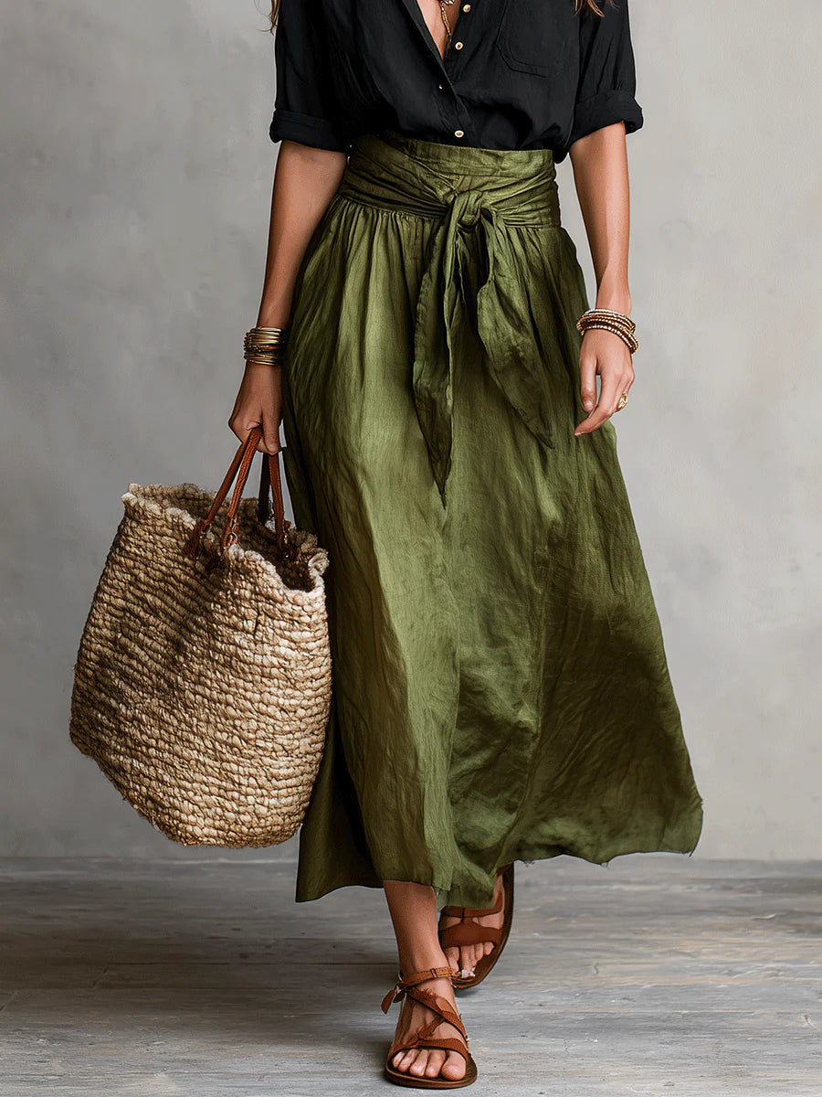 River | Two-Piece Set: Black Top and Olive Green Midi Skirt