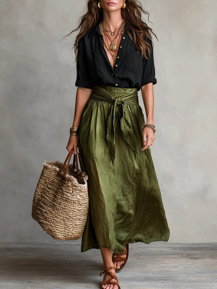 River | Two-Piece Set: Black Top and Olive Green Midi Skirt