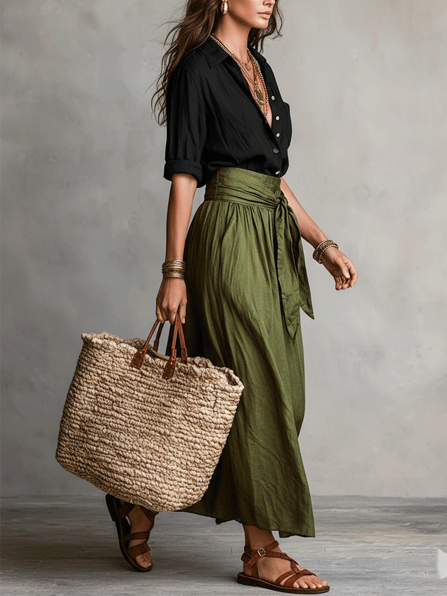 River | Two-Piece Set: Black Top and Olive Green Midi Skirt