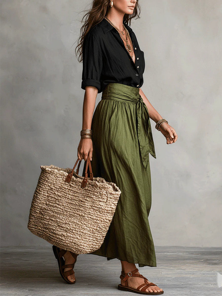 River | Two-Piece Set: Black Top and Olive Green Midi Skirt