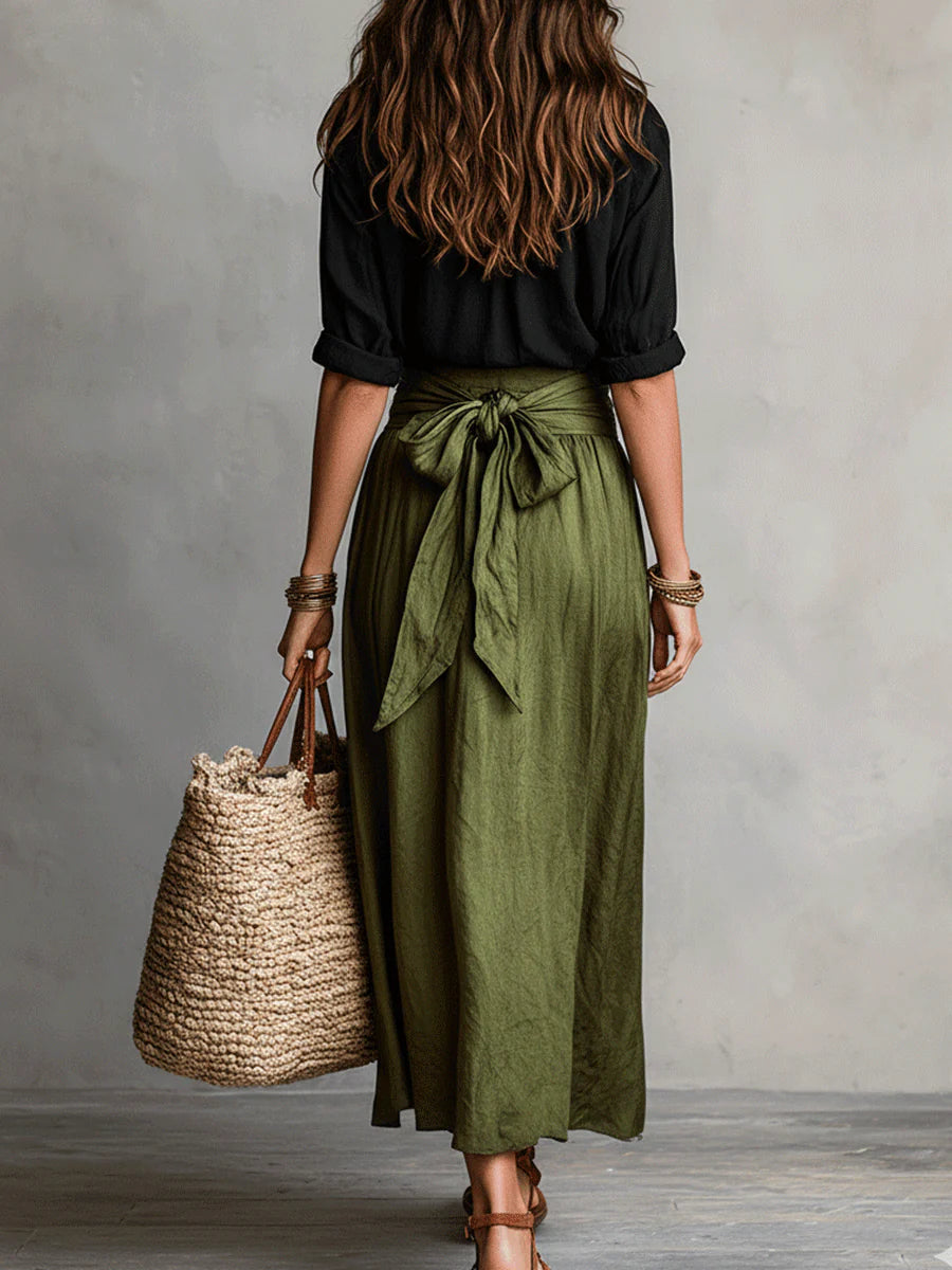 River | Two-Piece Set: Black Top and Olive Green Midi Skirt