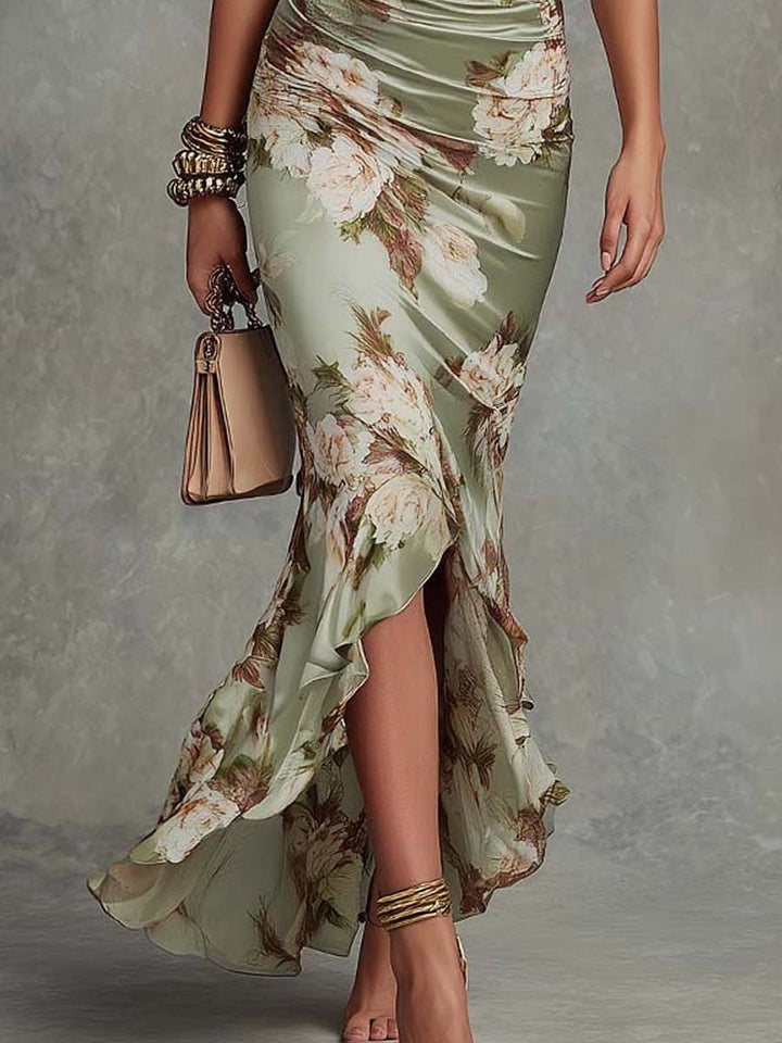 Anna | Green Satin Asymmetrical Floral Dress