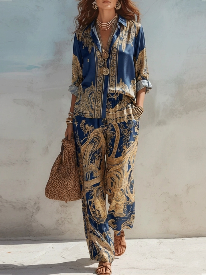 Dominique | Baroque Print Button-Down Shirt and Wide-Leg Pants Two-Piece Set