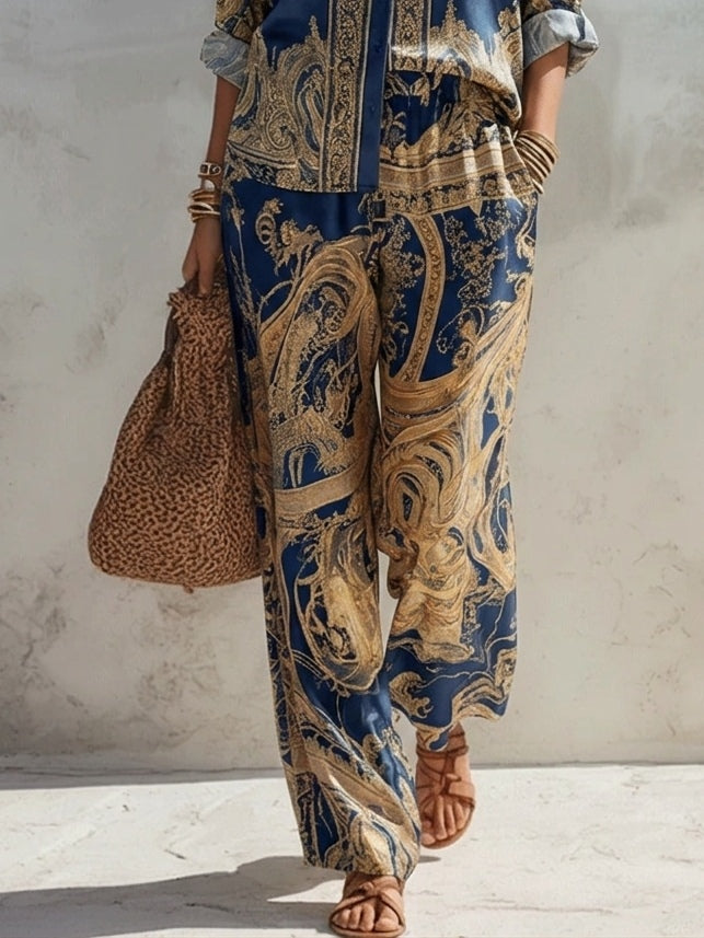 Dominique | Baroque Print Button-Down Shirt and Wide-Leg Pants Two-Piece Set