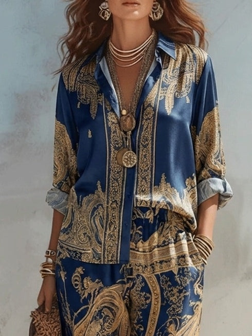 Dominique | Baroque Print Button-Down Shirt and Wide-Leg Pants Two-Piece Set