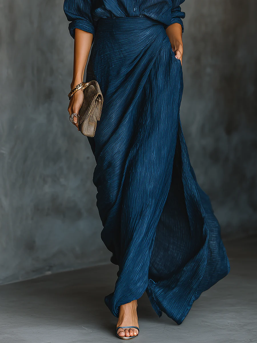 Jenny | Elegant Blue Blend Shirt Long Skirt Set