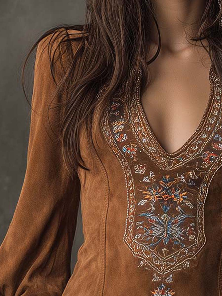Clara | Vintage Brown V-Neck Suede Midi Dress