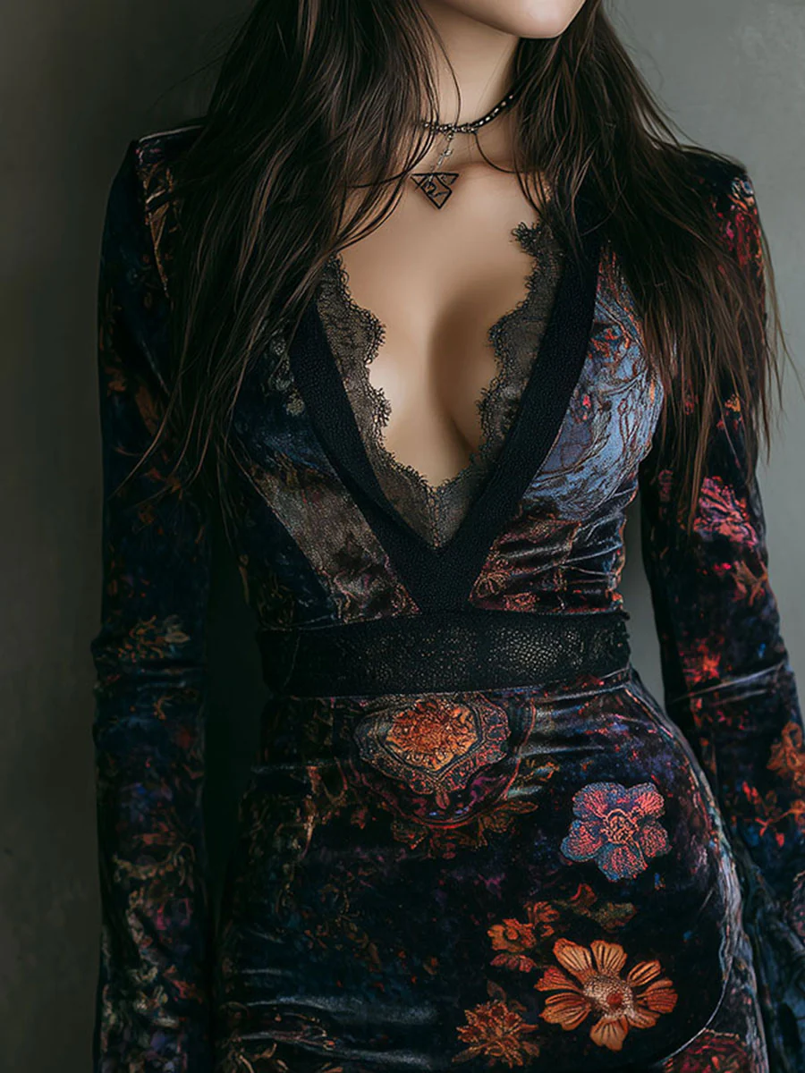 Liora | Velvet Lace Floral Mini Dress