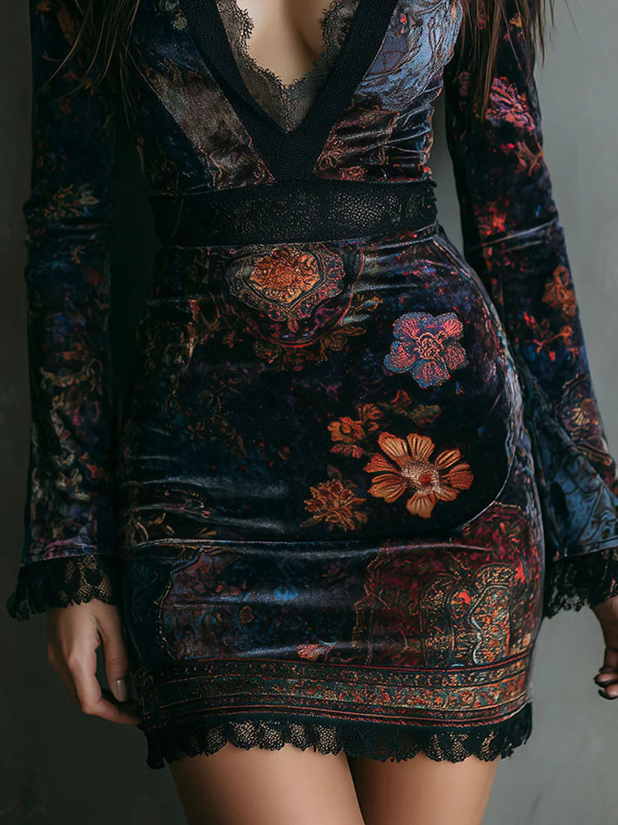 Liora | Velvet Lace Floral Mini Dress